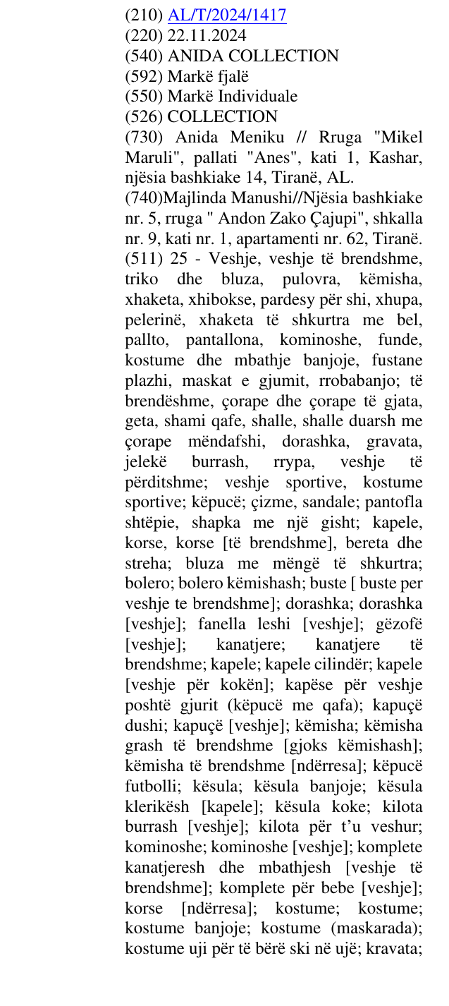 Zëri i markës ANIDA COLLECTION në buletin