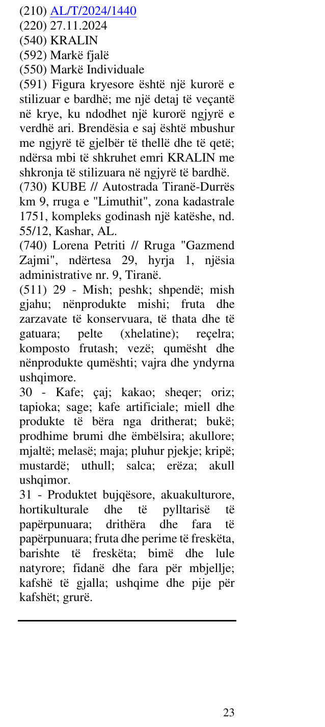 Zëri i markës KRALIN në buletin