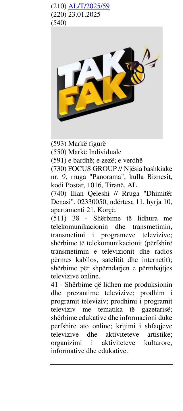 Zëri i markës TAK FAK në buletin