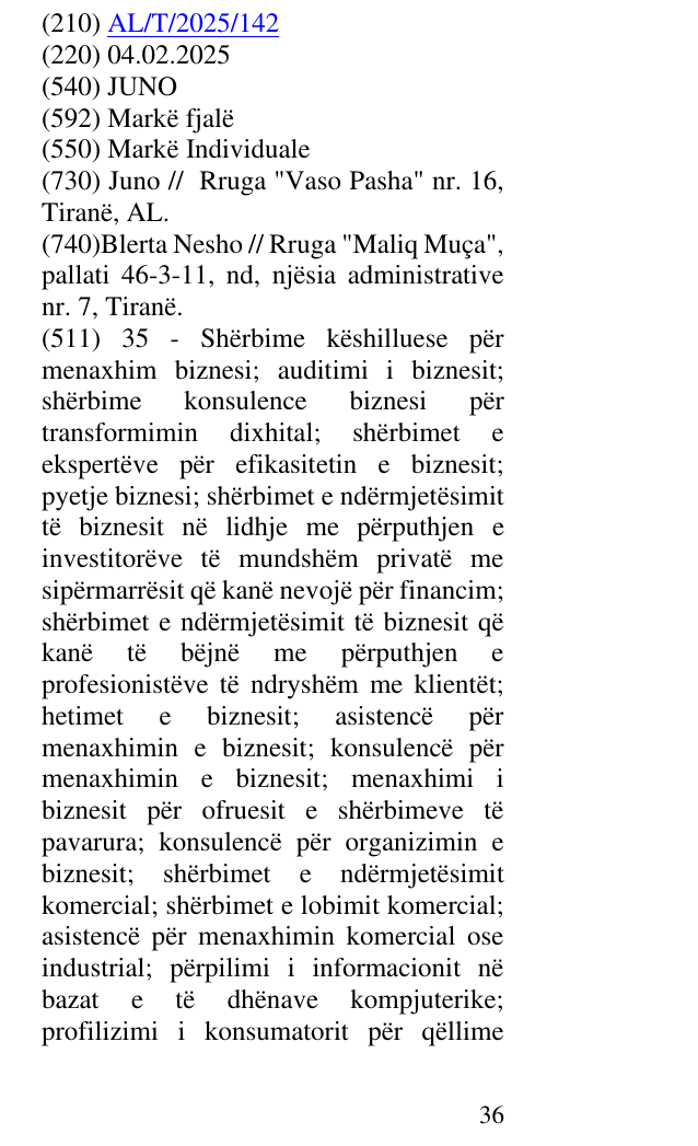 Zëri i markës JUNO në buletin