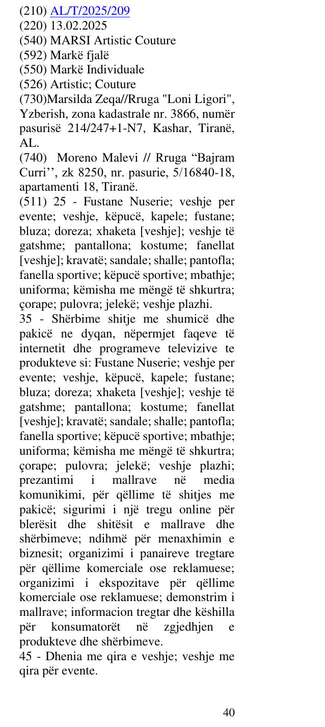 Zëri i markës MARSI Artistic Couture në buletin