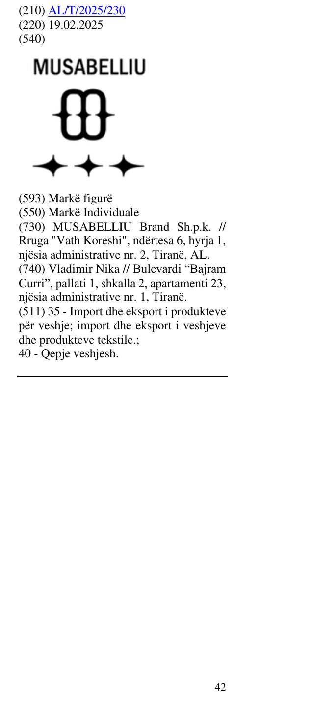 Zëri i markës MUSABELLIU në buletin
