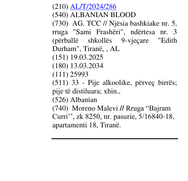 Zëri i markës ALBANIAN BLOOD në buletin