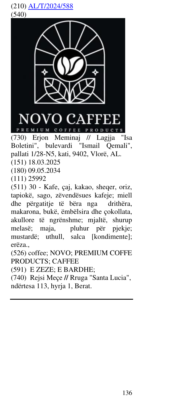 Zëri i markës coffee; NOVO; PREMIUM COFFE PRODUCTS; CAFFEE në buletin