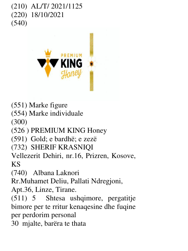Zëri i markës PREMIUM KING Honey në buletin