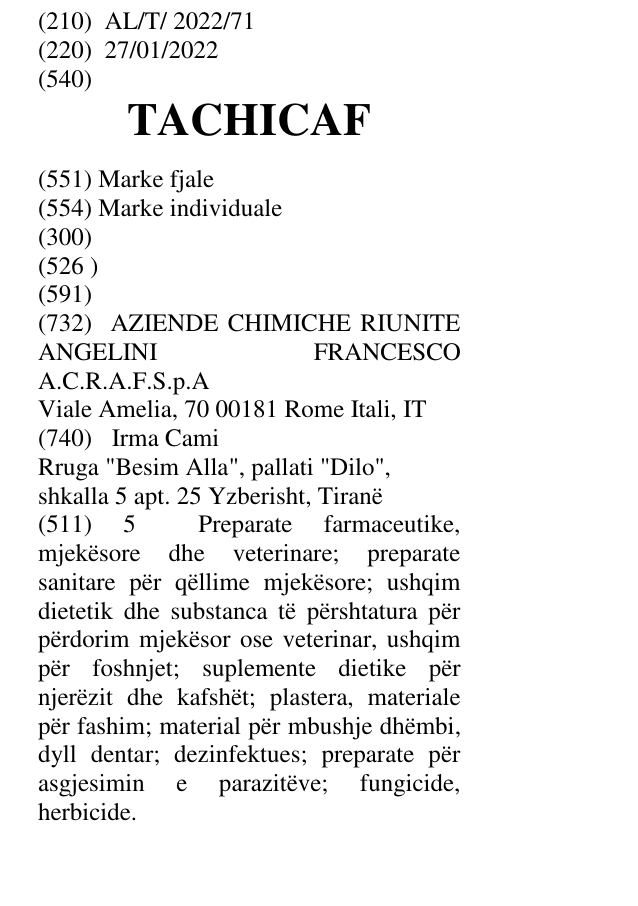 Zëri i markës TACHICAF në buletin