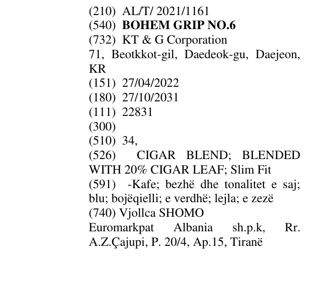Zëri i markës BOHEM GRIP NO.6 në buletin