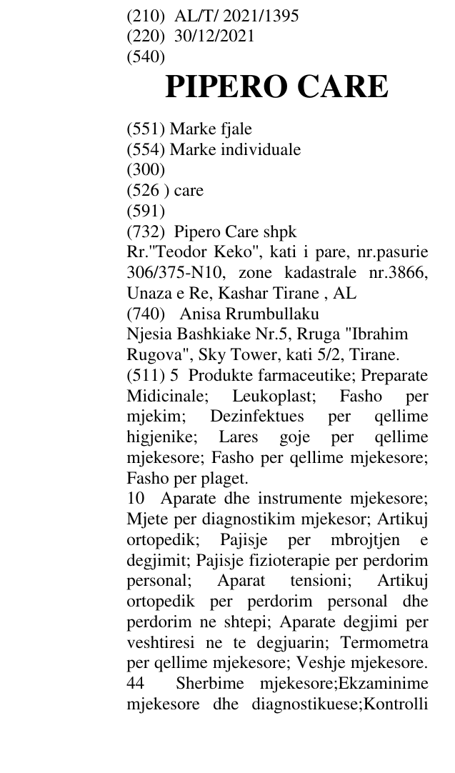 Zëri i markës PIPERO CARE në buletin
