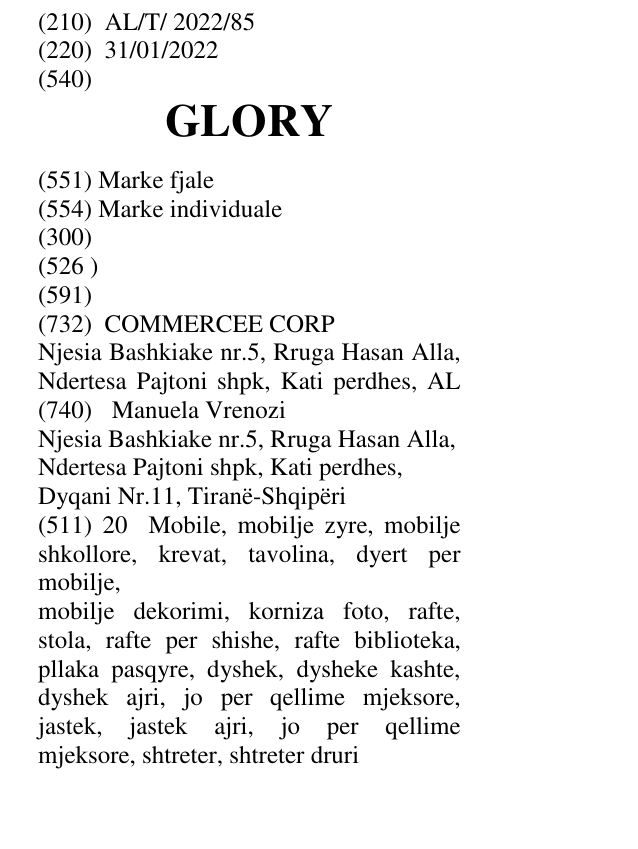 Zëri i markës GLORY në buletin