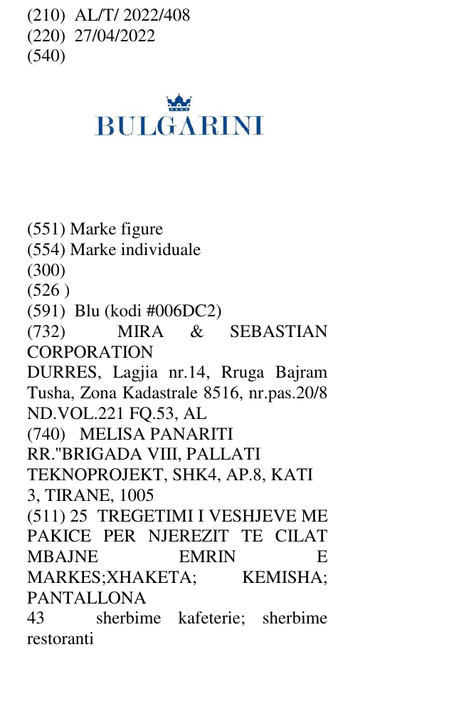 Zëri i markës BULGARINI në buletin
