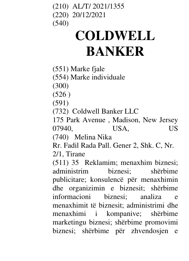 Zëri i markës COLDWELL BANKER në buletin