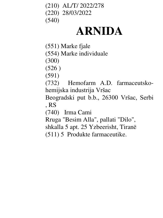 Zëri i markës ARNIDA në buletin
