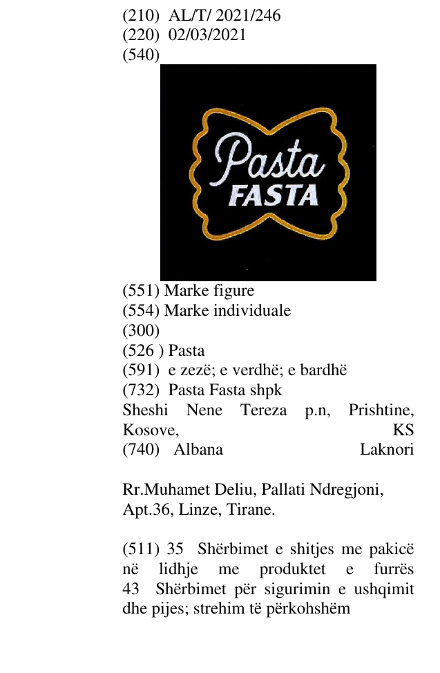 Zëri i markës Pasta në buletin