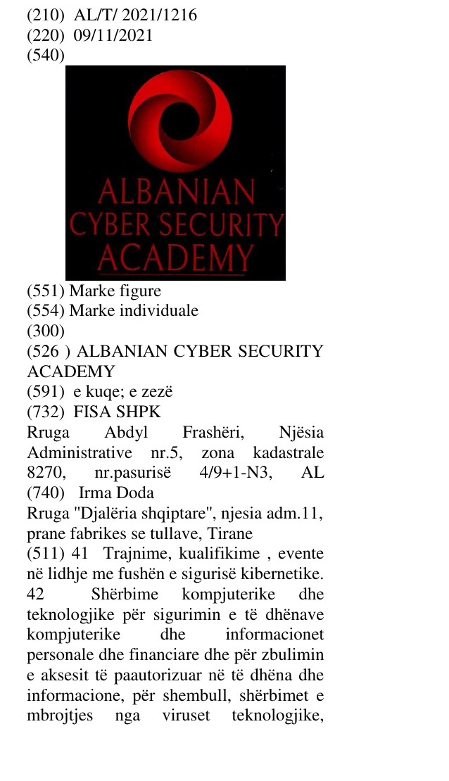 Zëri i markës ALBANIAN CYBER SECURITY ACADEMY në buletin
