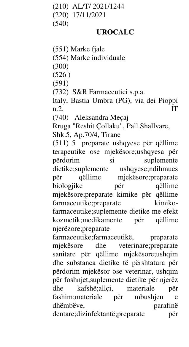 Zëri i markës UROCALC në buletin