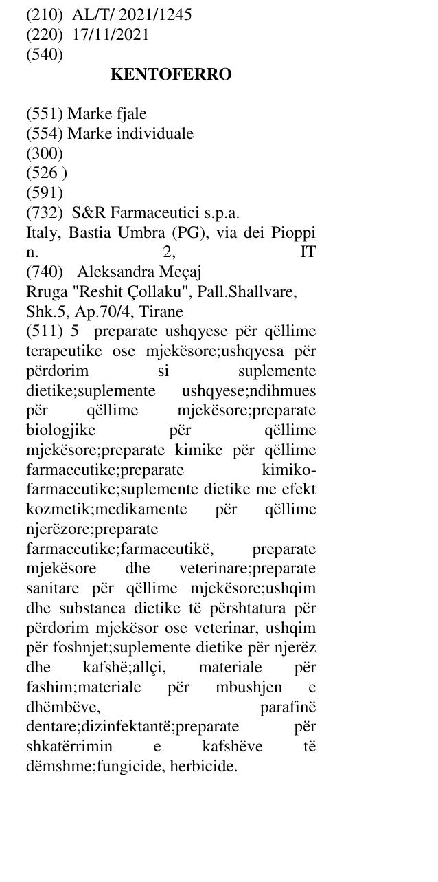 Zëri i markës KENTOFERRO në buletin