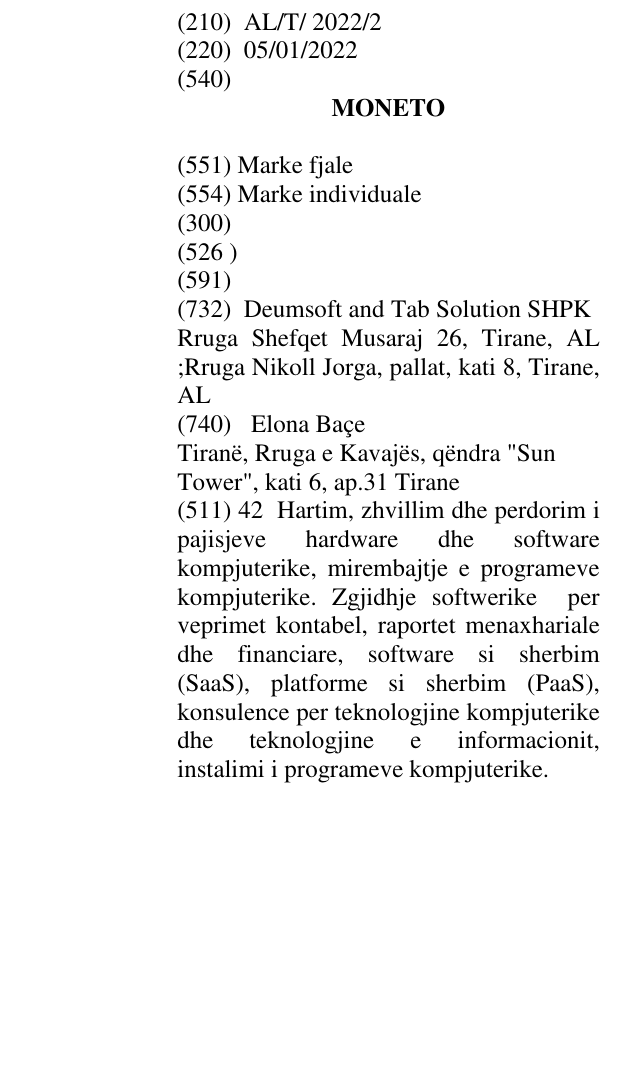 Zëri i markës MONETO në buletin