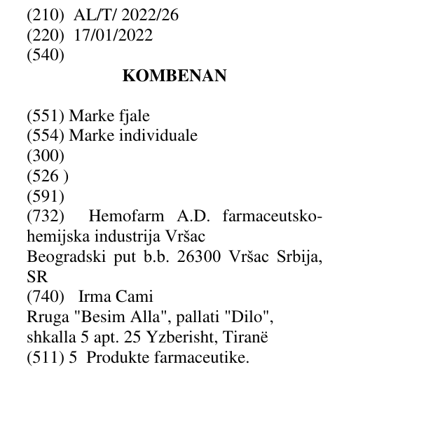Zëri i markës KOMBENAN në buletin
