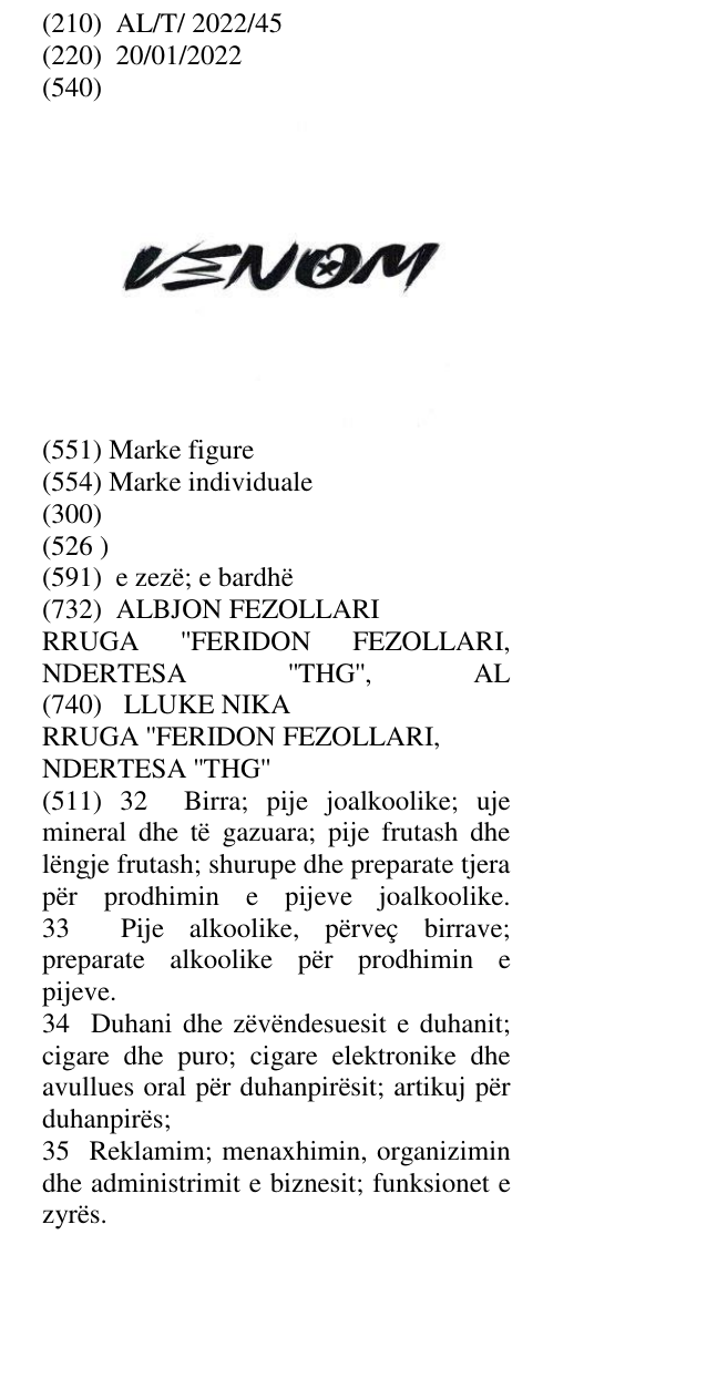 Zëri i markës VENOM në buletin