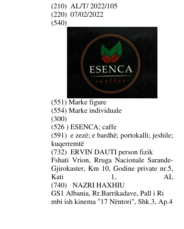 Zëri i markës ESENCA; caffe në buletin