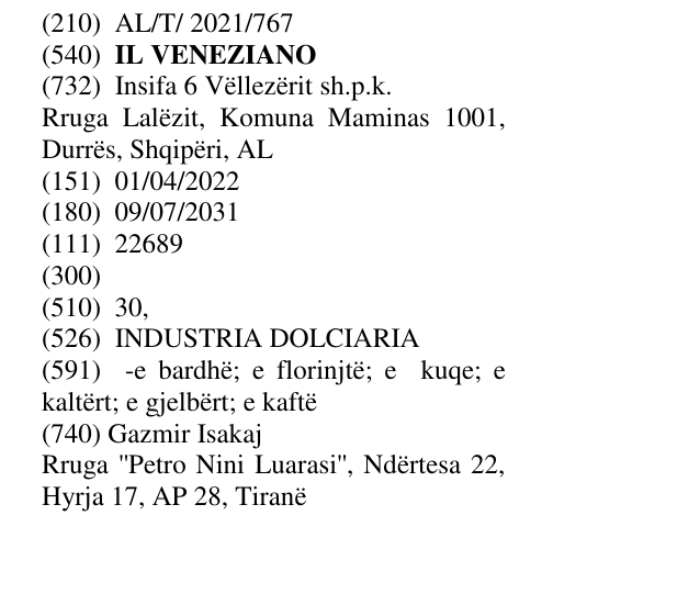 Zëri i markës IL VENEZIANO në buletin