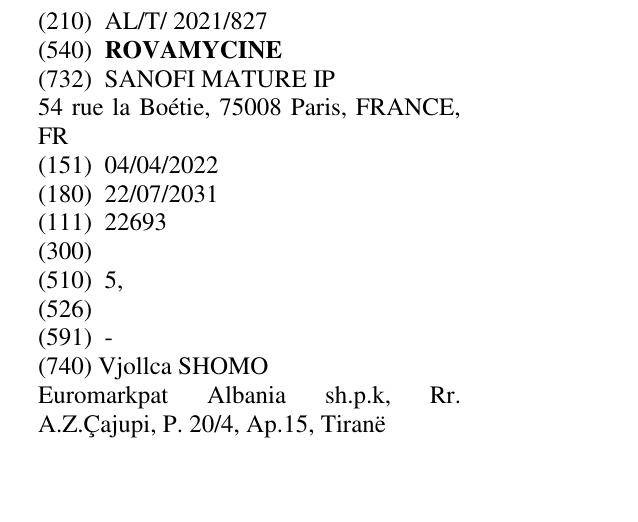 Zëri i markës ROVAMYCINE në buletin