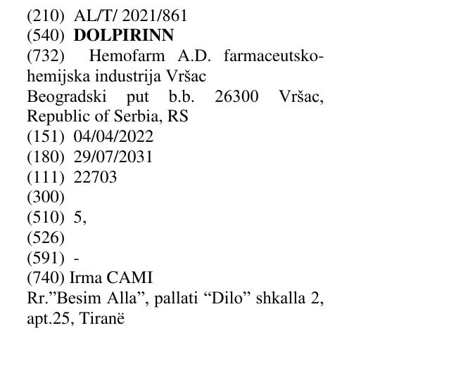 Zëri i markës DOLPIRINN në buletin