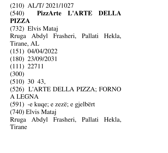 Zëri i markës PizzArte L'ARTE DELLA PIZZA në buletin