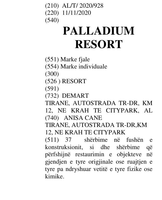 Zëri i markës PALLADIUM RESORT në buletin