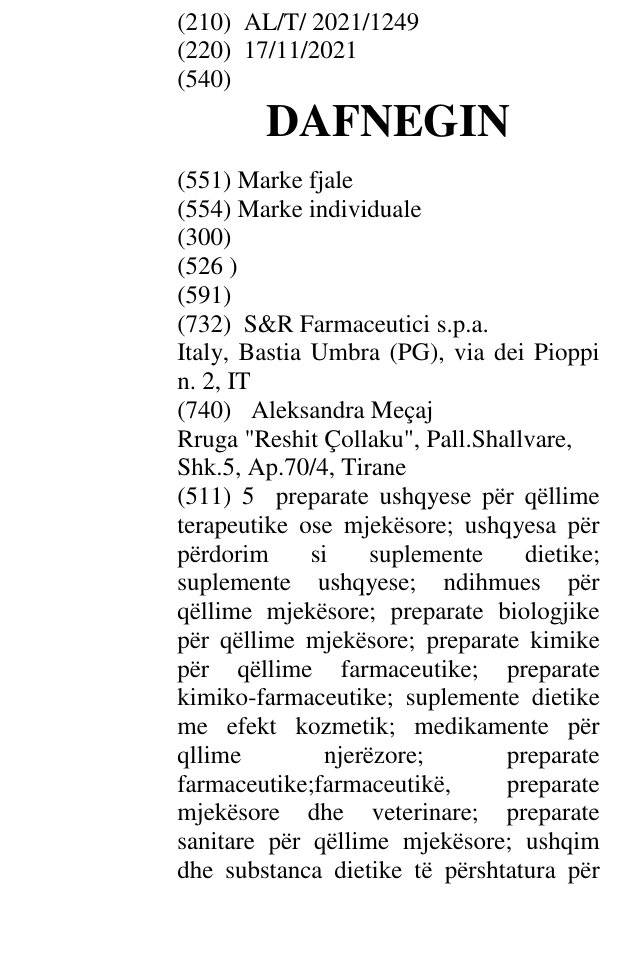 Zëri i markës DAFNEGIN në buletin