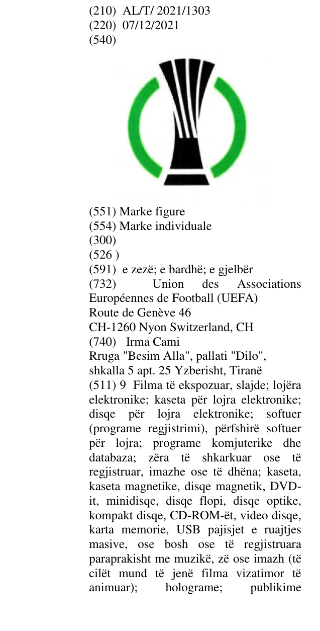 Zëri i markës AL/T/2021/1303 në buletin