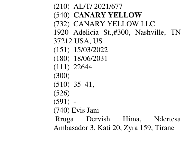 Zëri i markës CANARY YELLOW në buletin