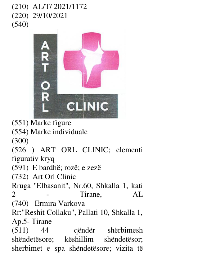 Zëri i markës ART ORL CLINIC; elementi figurativ kryq në buletin