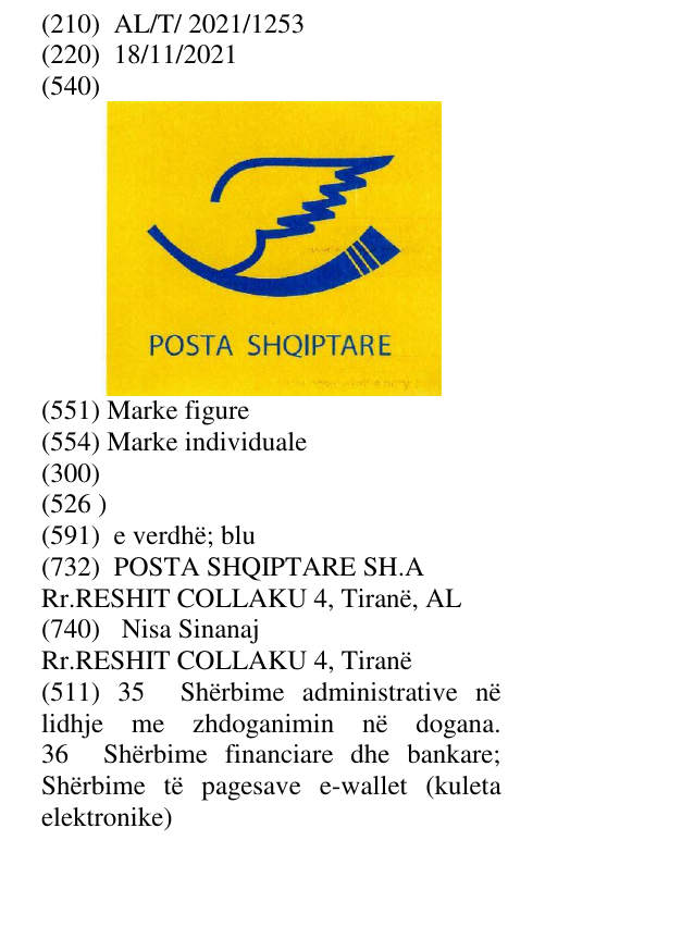 Zëri i markës POSTA SHQIPTARE në buletin