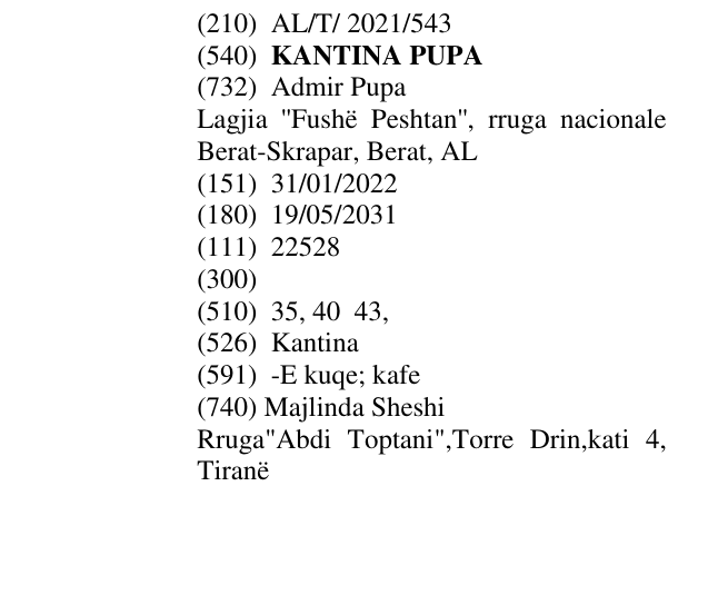 Zëri i markës KANTINA PUPA në buletin