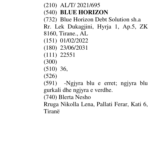 Zëri i markës BLUE HORIZON në buletin