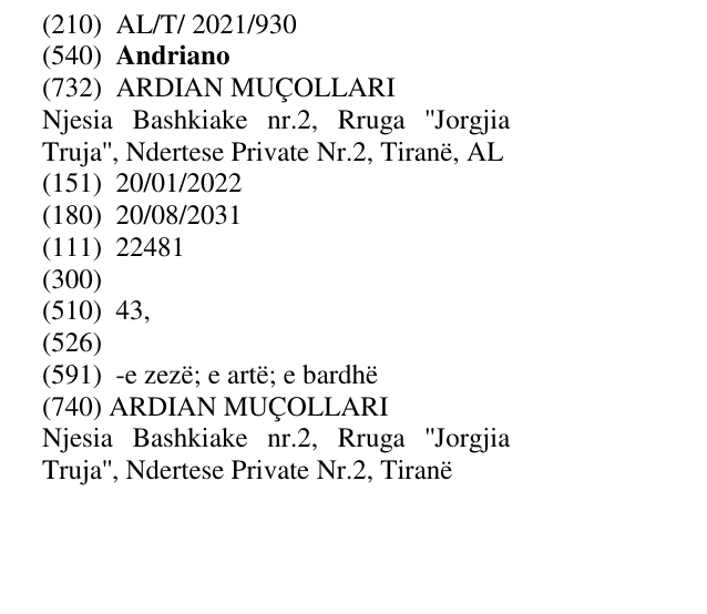 Zëri i markës Andriano në buletin
