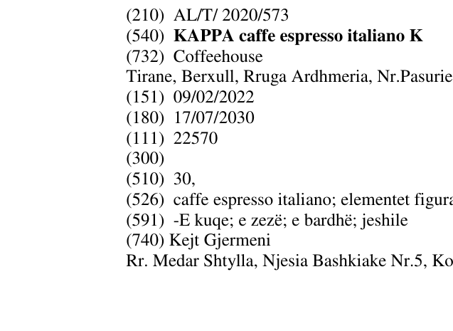 Zëri i markës KAPPA caffe espresso italiano K në buletin