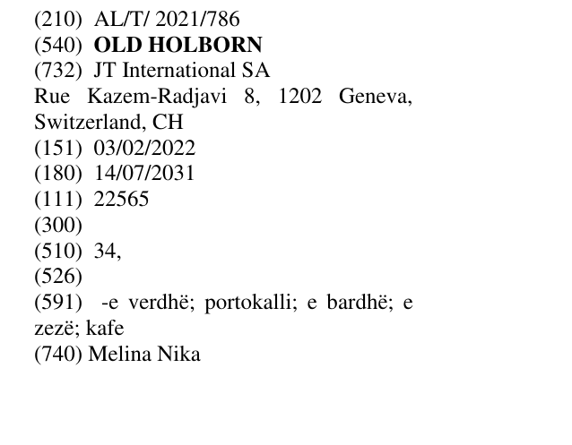 Zëri i markës OLD HOLBORN në buletin