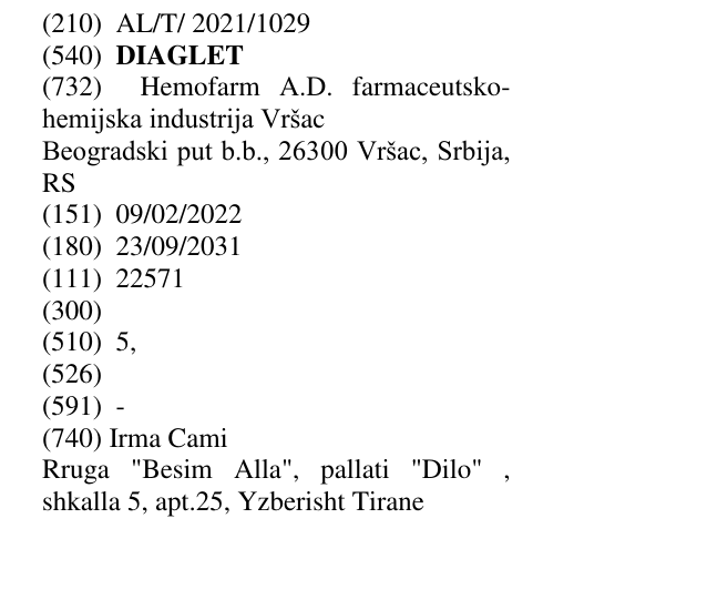 Zëri i markës DIAGLET në buletin