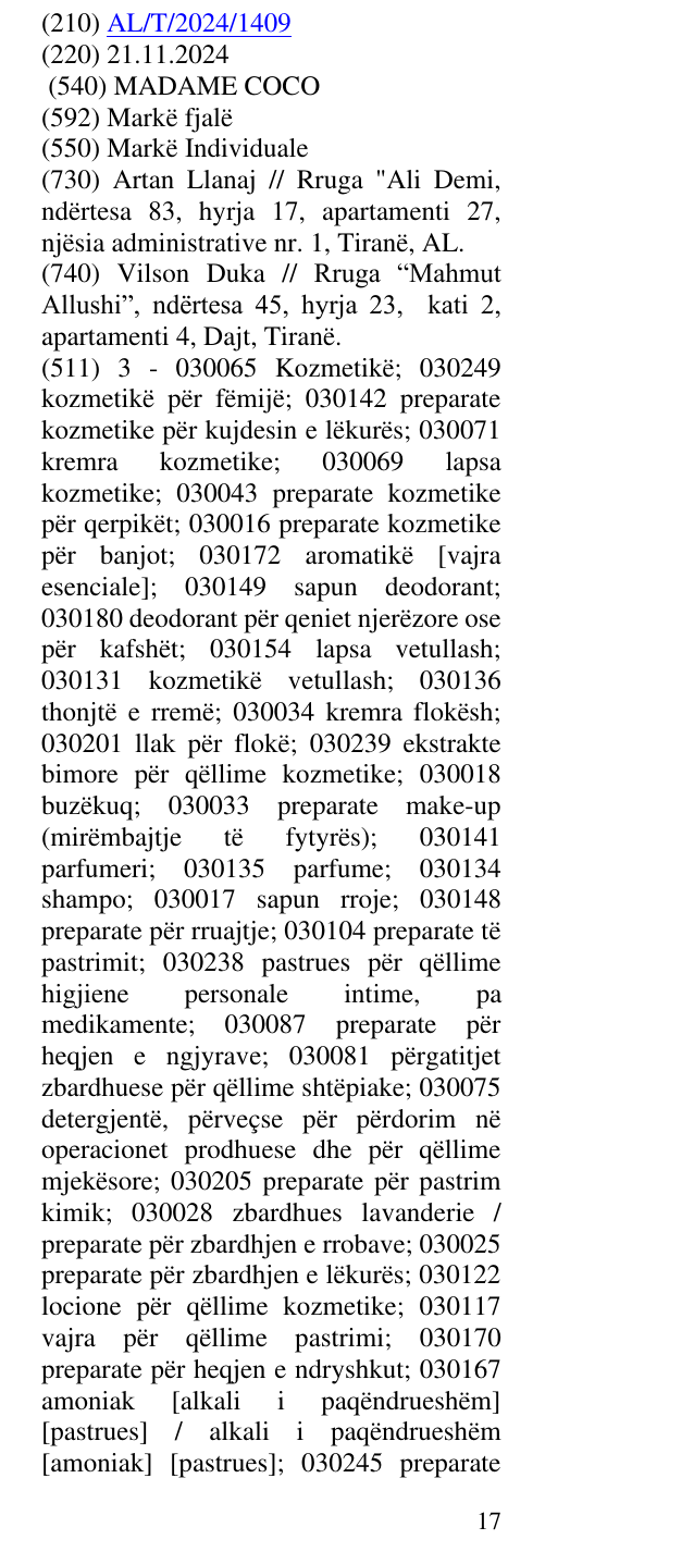 Zëri i markës MADAME COCO në buletin