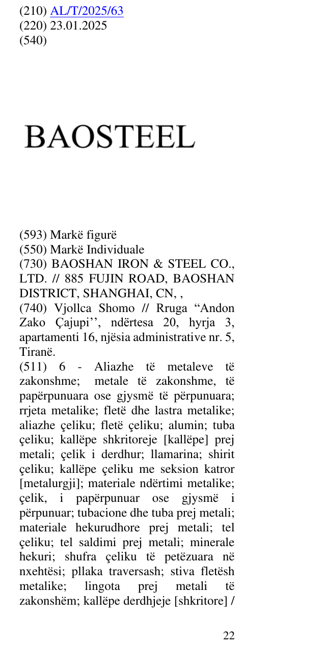 Zëri i markës BAOSTEEL në buletin