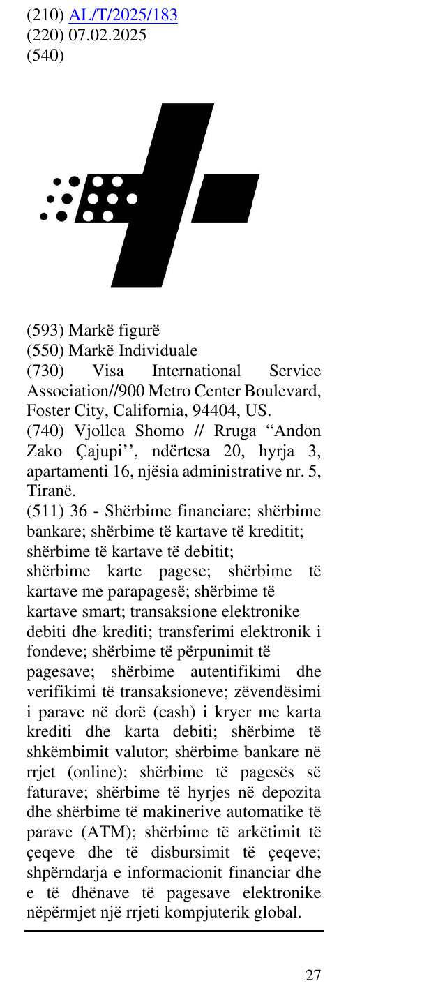 Zëri i markës AL/T/2025/183 në buletin