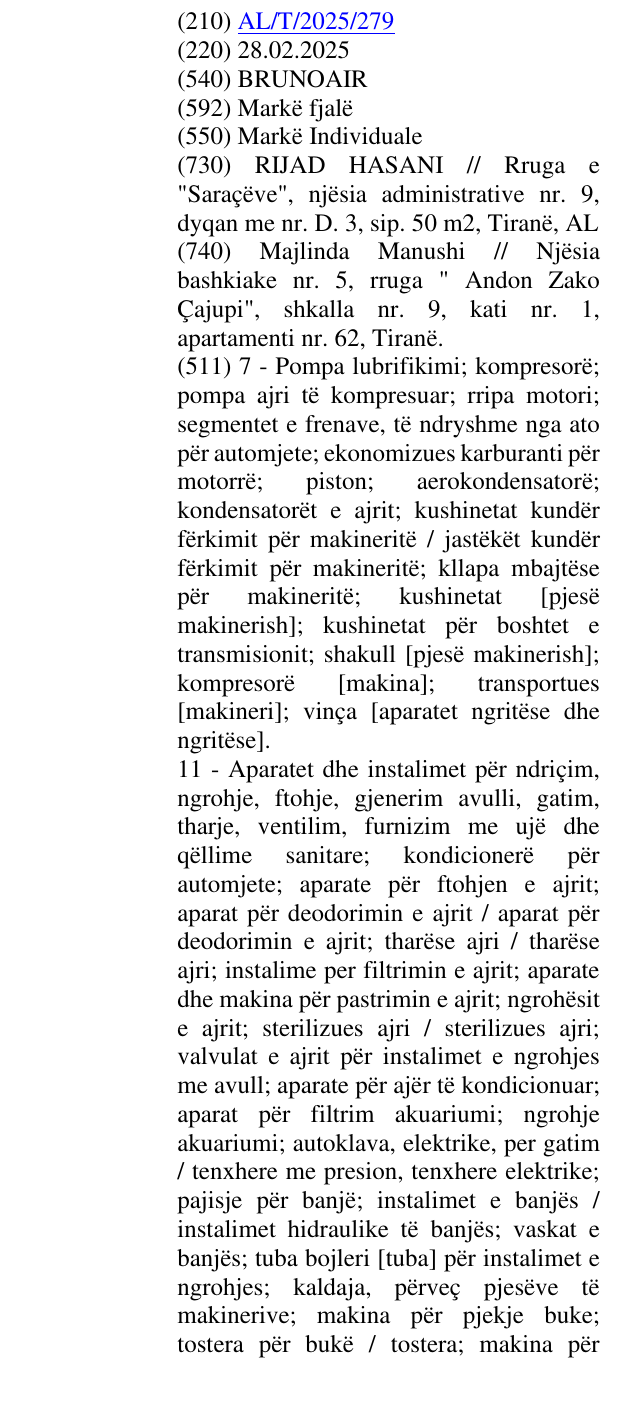 Zëri i markës BRUNOAIR në buletin