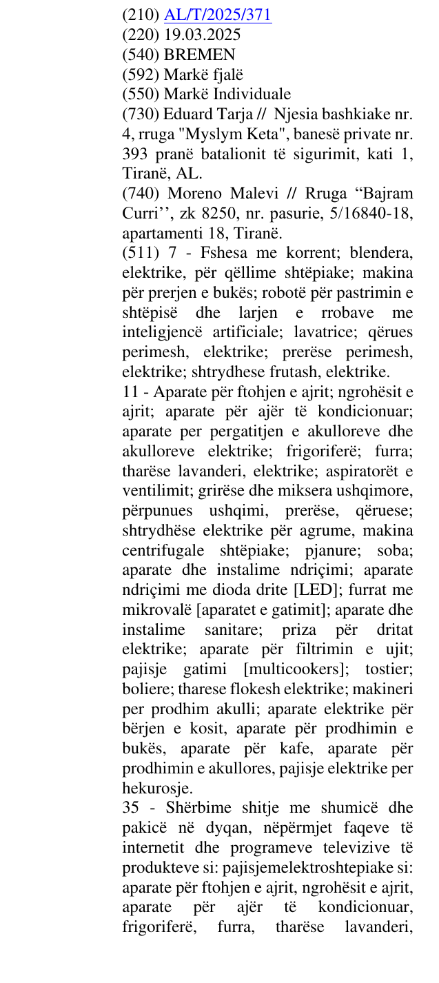 Zëri i markës BREMEN në buletin
