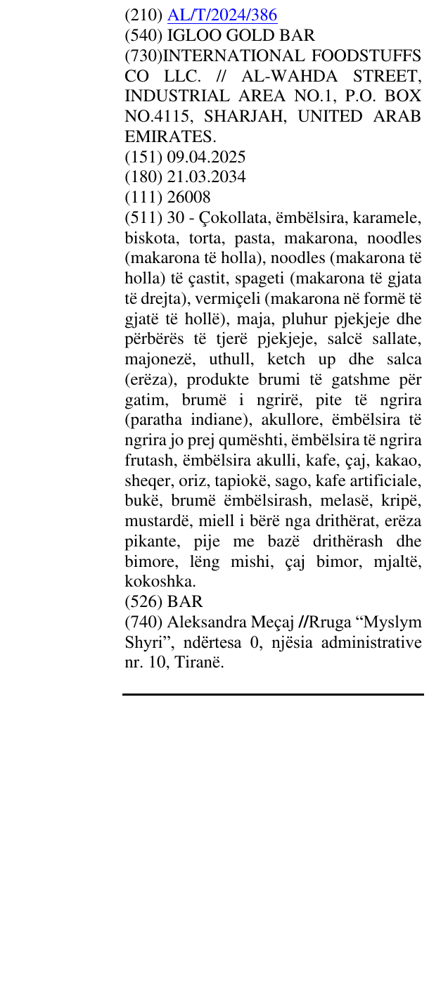 Zëri i markës IGLOO GOLD BAR në buletin