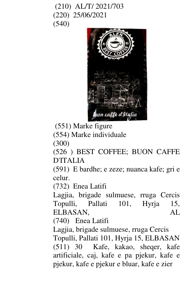Zëri i markës BEST COFFEE; BUON CAFFE D'ITALIA në buletin
