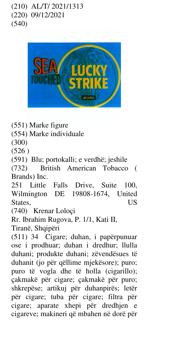 Zëri i markës LUCKY STRIKE SEA TOUCHED AIR CURED në buletin