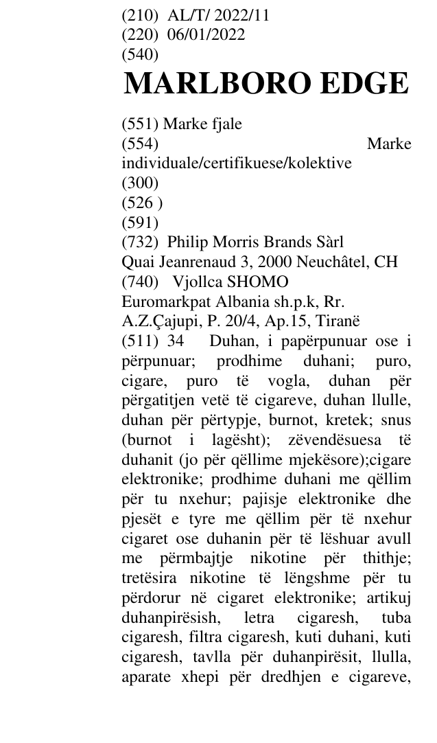 Zëri i markës MARLBORO EDGE në buletin