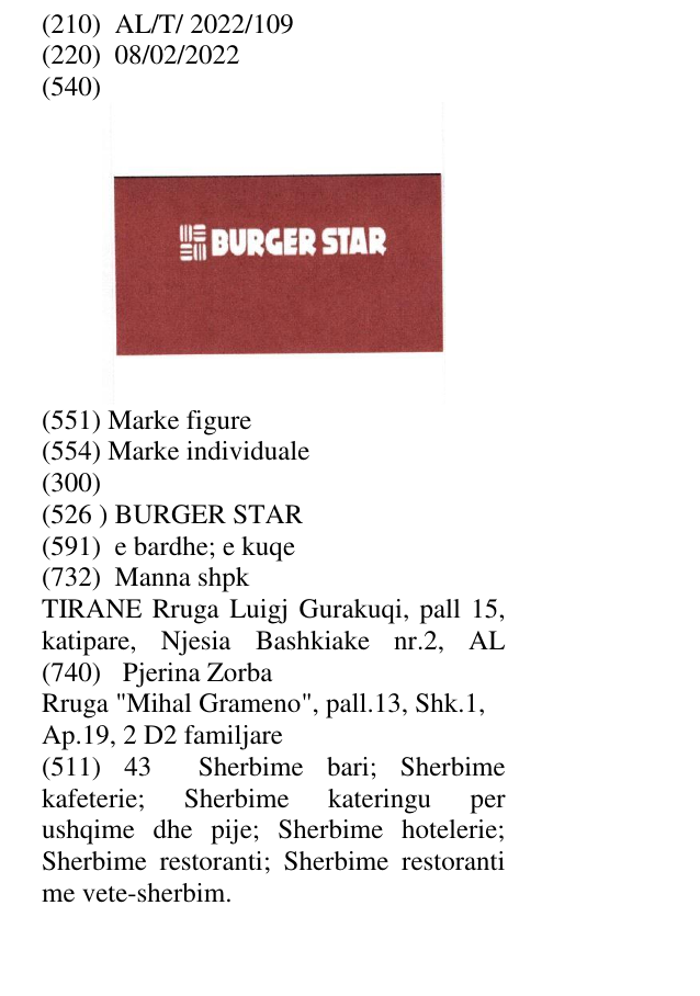 Zëri i markës BURGER STAR në buletin
